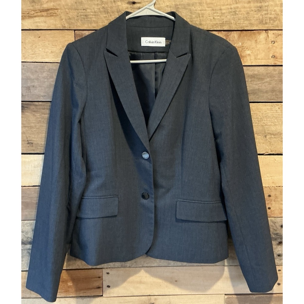 Calvin Klein Womens 12 Gray 2-Button Front Blazer Career Office Corporate Preppy - Picture 2 of 9